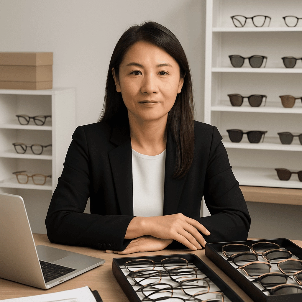 A professional middle-aged Asian woman with long dark hair is sitting at a modern office desk, wearing a black blazer and white blouse. She is surrounded by eyewear products, with eyeglasses and sunglasses neatly arranged on the desk. In the background, a display shelf holds additional eyewear. The well-lit office features a minimalist design, highlighting both the woman and the products in front of her.