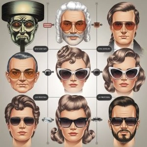 The image is a digital illustration showcasing various historical and stylish sunglasses designs. It features a grid layout with nine different characters, each wearing a distinct pair of sunglasses. The characters include a mix of vintage and modern styles, such as aviators, oversized frames, and unique retro designs. The illustration is a creative representation of how sunglasses have evolved over time, highlighting their different uses, such as for fashion, protection, and design innovation.