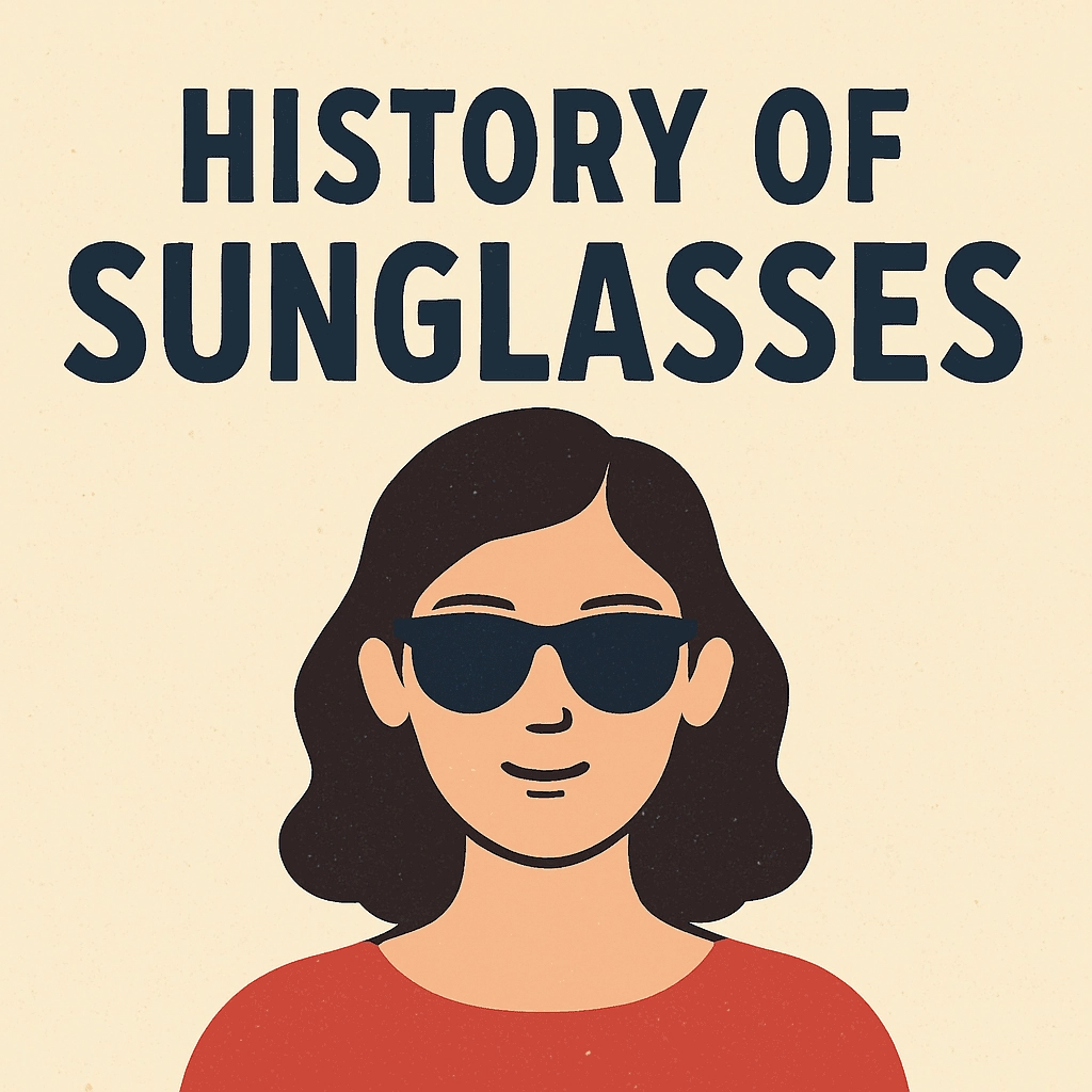 The image depicts a vintage-inspired digital illustration showcasing a person wearing stylish sunglasses. The design has a retro feel, blending modern fashion with classic elements. The person is standing confidently, with a clean, minimalistic background that complements the sunglasses' design. The image represents the evolution of sunglasses as both a fashion statement and a necessary accessory for eye protection.