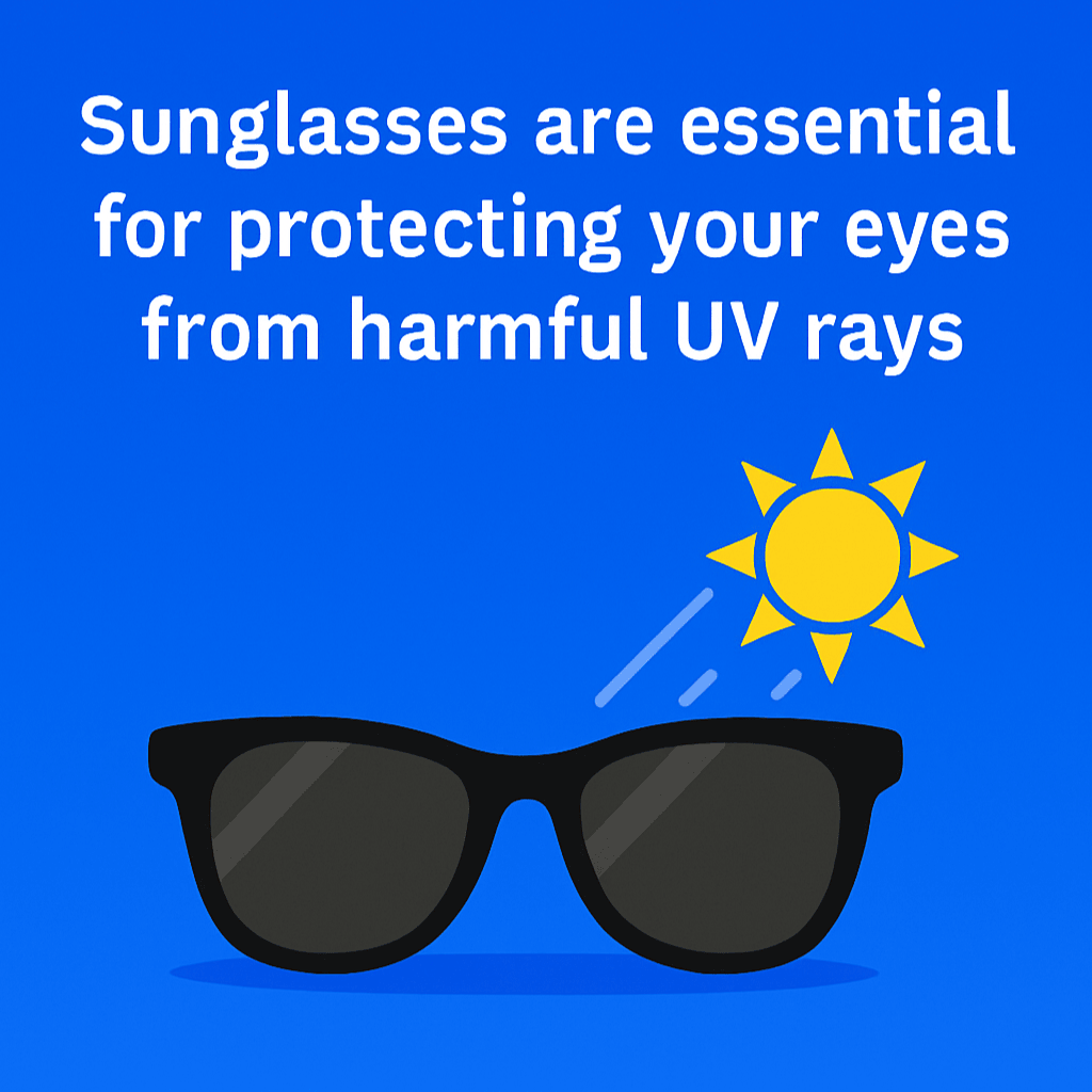 A digital graphic design featuring the message, "Sunglasses are essential for protecting your eyes from harmful UV rays," in white text on a vibrant blue background. Below the text, an illustration of black wayfarer sunglasses sits next to a yellow sun icon.