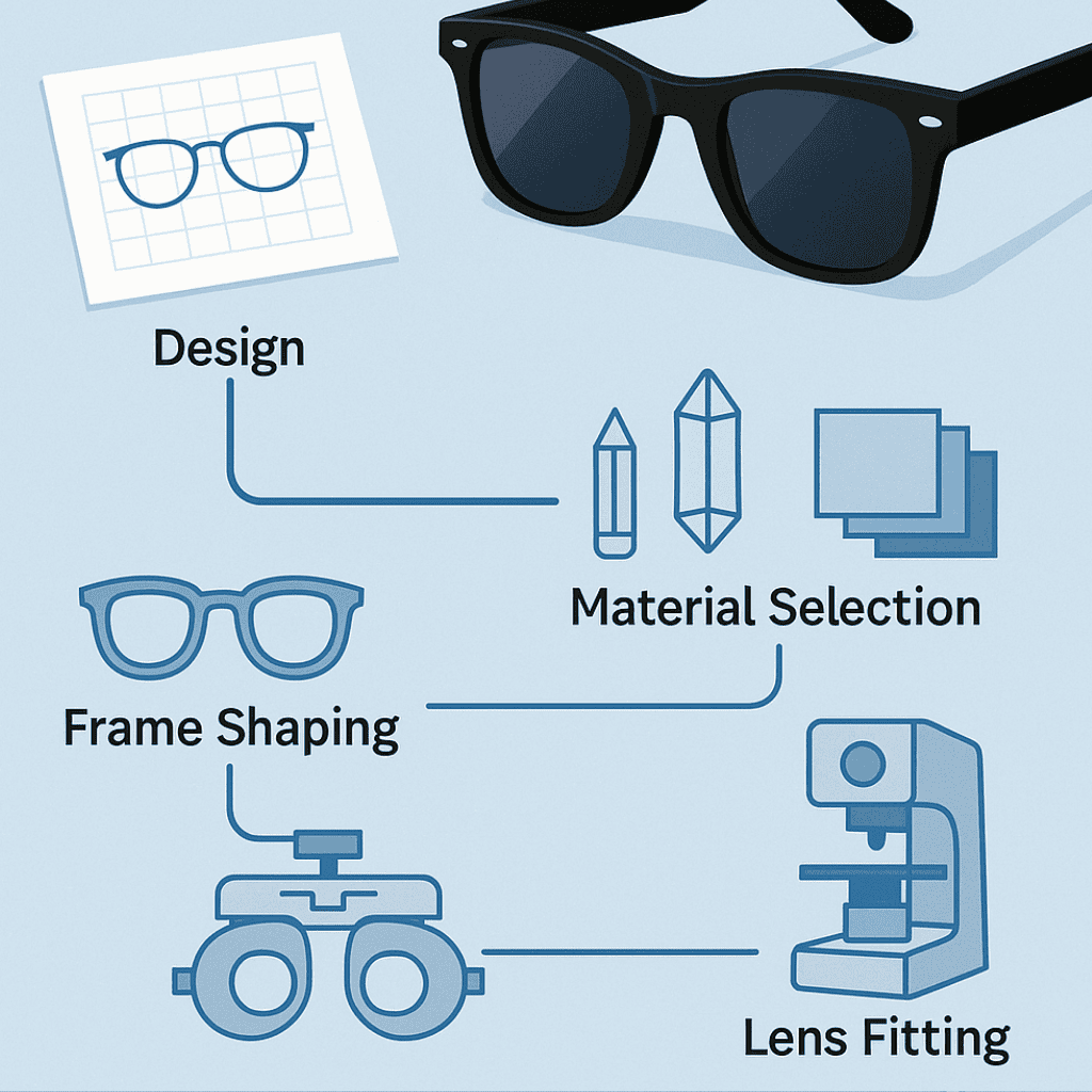 Infographic titled 'How Sunglasses Are Made' featuring a clear, light blue background with a pair of black Wayfarer sunglasses. The image breaks down the production process with icons and labels for key stages: design, material selection, frame shaping, and lens fitting, accompanied by a neat and modern visual style.