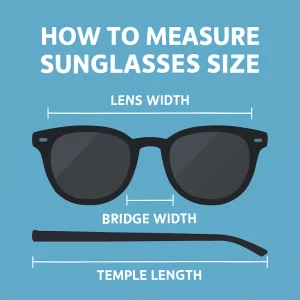 Digital illustration showing a detailed pair of black wayfarer sunglasses with labels indicating key measurements: Lens Width, Bridge Width, and Temple Length, set against a soft blue background with the title 'HOW TO MEASURE SUNGLASSES SIZE' in bold white letters.
