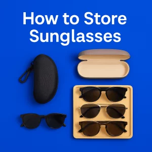 An image showing various sunglasses stored in different cases on a royal blue background. The sunglasses are arranged on a bamboo tray with a black zippered case and a taupe hard-shell case beside them. The text 'How to Store Sunglasses' is prominently displayed in bold white letters above the items."
