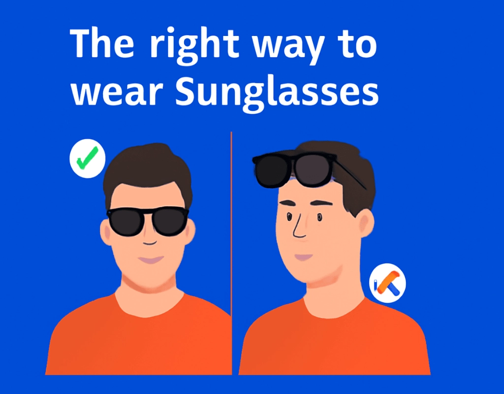 The image features a vibrant blue background with the text "The right way to wear Sunglasses" at the top. It includes two side-by-side illustrations of a man wearing sunglasses. On the left, he is wearing sunglasses correctly, marked with a green checkmark. On the right, he is wearing sunglasses improperly, with the sunglasses resting on his head, marked with a red "X." The design is simple and clear, using bold, contrasting colors.
