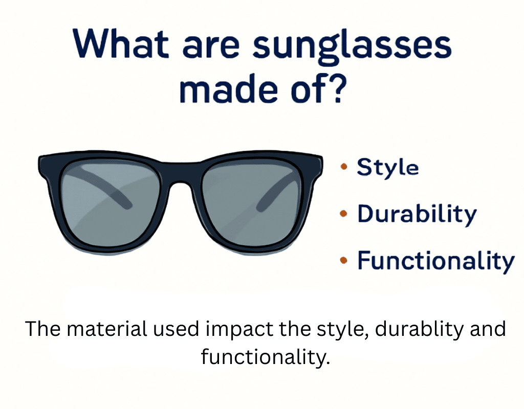 The image features a digital illustration of classic Wayfarer sunglasses with gray lenses, accompanied by the question "What are sunglasses made of?" in bold dark blue text at the top. Below the sunglasses, three key points—Style, Durability, and Functionality—are listed, with a brief explanatory text about how materials impact these aspects of sunglasses.