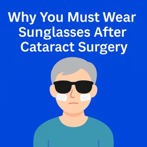 A clean digital illustration showing an older person with short gray hair wearing dark sunglasses and a teal shirt, set against a bright blue background. Above the person, the bold white title reads “Why You Must Wear Sunglasses After Cataract Surgery,” emphasizing post-surgery eye protection.