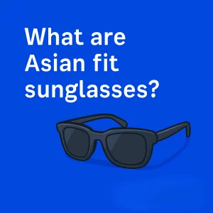 The image features a bold, centered question "What are Asian fit sunglasses?" in large white text, set against a vibrant blue background. To the right, there's an illustration of dark gray sunglasses with a wide, curved bridge and angular temples.