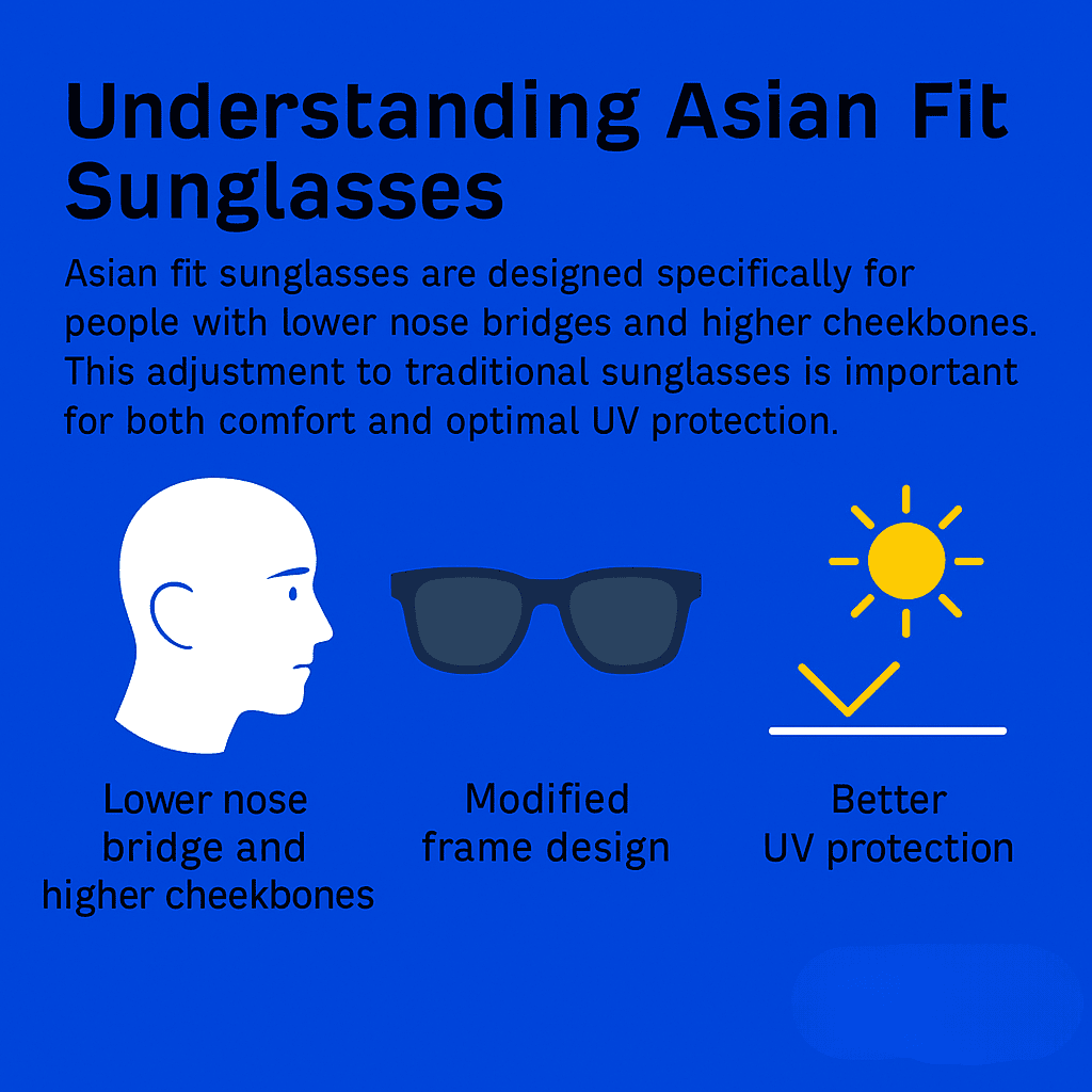 The image is an infographic titled "Understanding Asian Fit Sunglasses," featuring a vibrant blue background. It explains how Asian fit sunglasses are designed for individuals with lower nose bridges and higher cheekbones. The infographic includes three visual elements: a profile illustration highlighting facial traits, an image of sunglasses showing the modified frame, and a sun icon representing better UV protection. Each element is paired with concise descriptions for clarity.