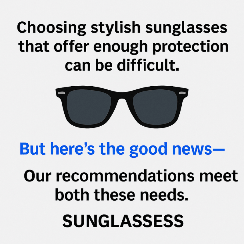 The image features a bold statement about the challenge of choosing stylish yet protective sunglasses. The text at the top reads, "Choosing stylish sunglasses that offer enough protection can be difficult," followed by a reassuring message in blue, "But here’s the good news— Our recommendations meet both these needs." The image includes a sleek pair of wayfarer sunglasses at the center with the word "SUNGLASSES" in large black letters at the bottom, providing a visual emphasis on the product.
