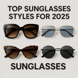 The image showcases four different sunglasses styles for 2025, arranged symmetrically. The top sunglasses feature bold, oversized black frames, followed by sleek gold-framed sunglasses with blue lenses. Below, a pair of cat-eye sunglasses in tortoiseshell and round black frames are displayed. The bold text "TOP SUNGLASSES STYLES FOR 2025" is prominently placed at the top, with the word "SUNGLASSES" at the bottom. The background is light gray, keeping the focus on the eyewear.