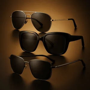 A digital photograph showcasing three pairs of designer sunglasses arranged from top to bottom. The top pair is a gold aviator style, the middle is a bold black acetate square frame, and the bottom pair is a sleek matte-black titanium wraparound. The sunglasses are set against a smooth gradient background transitioning from rich gold to solid black, with soft lighting highlighting the distinct shapes and textures.