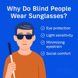 A digital illustration showing a blind man wearing sunglasses. Next to him, four key points are listed: Eye protection, Light sensitivity, Minimizing eyestrain, and Social comfort. The title 'Why Do Blind People Wear Sunglasses?' is displayed in bold white text on a blue background, with the Ahrefs logo at the bottom.