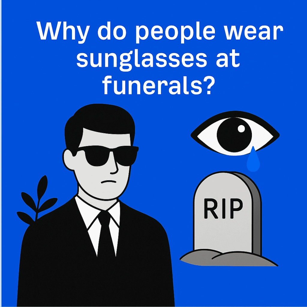 A digital illustration featuring a man in a black suit and dark sunglasses standing next to a tombstone labeled "RIP." An eye shedding a tear is depicted beside the tombstone, all set against a blue background with the text "Why do people wear sunglasses at funerals?" above.
