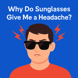 A minimalist digital illustration showing a young man with short brown hair and black sunglasses, wearing a red shirt. Three red lightning bolts appear above his head, symbolizing a headache. The bold white text "Why Do Sunglasses Give Me a Headache?" is displayed at the top against a solid blue background.