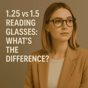 A stylish young woman with straight blonde hair wears tortoiseshell reading glasses and a camel-colored blazer over a light beige top. She looks slightly off-camera with a calm, thoughtful expression. The background is a soft taupe color, and bold white text on the left reads: “1.25 vs 1.5 Reading Glasses: What’s the Difference?”