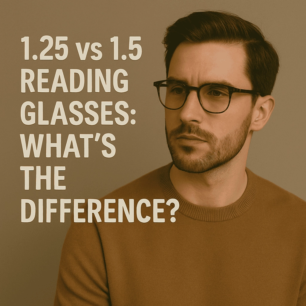 A stylish young man with short dark hair and a neatly trimmed beard wears tortoiseshell reading glasses and a camel-colored sweater. He gazes thoughtfully to the side against a neutral beige background. On the left side, bold white text reads: “1.25 vs 1.5 Reading Glasses: What’s the Difference?”