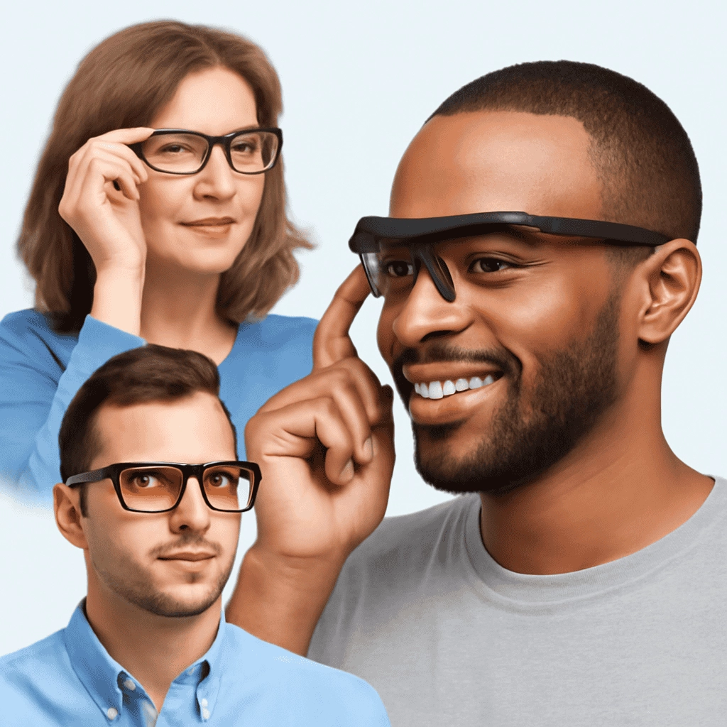 The image shows three individuals wearing different types of vision aids. On the right, an African American man in his 30s is smiling and wearing augmented reality (AR) smart glasses, lightly touching the frame. On the left, a woman in her 50s is adjusting her black adjustable-focus glasses with a gentle smile. In the corner, a man in his 30s is wearing yellow-tinted blue light-blocking glasses, with a calm expression. The background is a soft, light blue, and the photo is well-lit, focusing on each person’s eyewear solution.