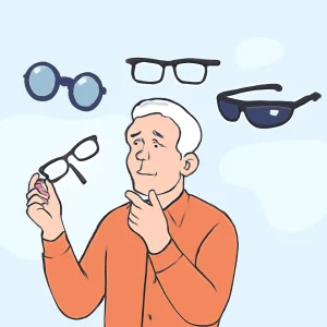 This image shows an older man with white hair, wearing an orange shirt, thoughtfully holding a pair of black-framed reading glasses. Surrounding him are three alternative vision options: round blue computer glasses, adjustable-focus glasses with a black frame, and sleek smart glasses with an augmented reality display. The background features a light blue sky with soft, cloud-like shapes.