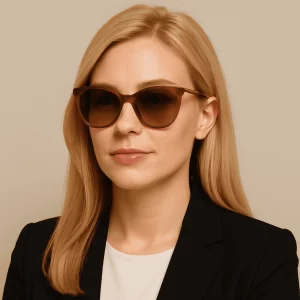 A confident blonde woman in her late twenties wearing light tortoiseshell cat-eye sunglasses and a black blazer over a white blouse, posed against a soft beige background to showcase how frame color complements her hair tone.