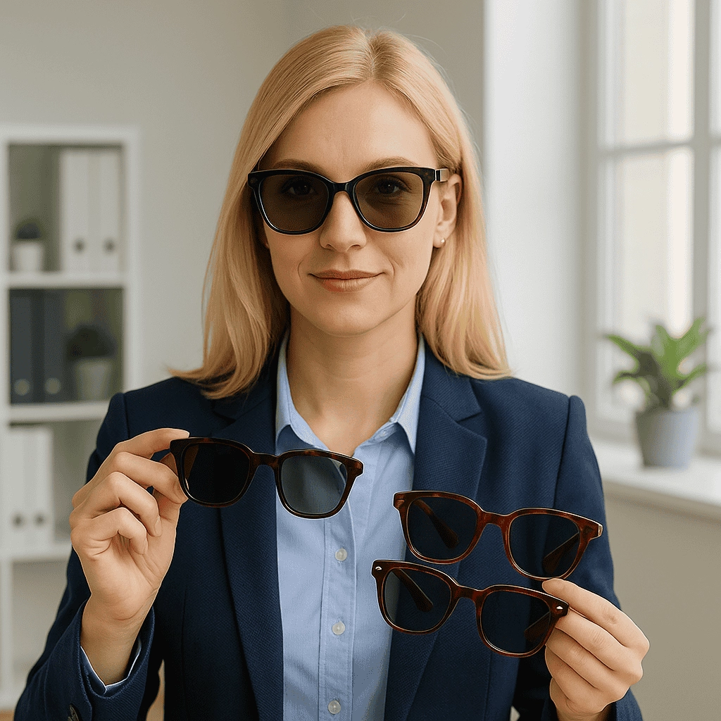 A professional blonde woman in a navy blazer and light shirt holds two pairs of tortoiseshell sunglasses at chest level while wearing a third pair. She stands in a bright office with bookshelves and a window in soft focus behind her.