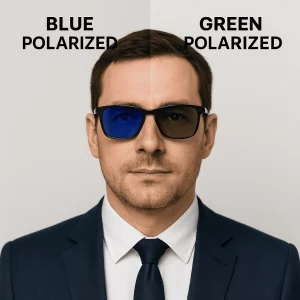 A professional man in a suit and tie holds up two polarized sunglasses side by side: the left lens tinted vivid blue and the right lens tinted deep green, set against a neutral background to highlight the color comparison.