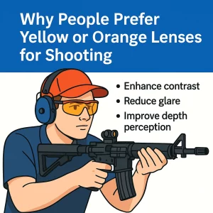 An infographic square image showing a shooter aiming a rifle while wearing yellow-tinted protective glasses and ear protection. The top half has a blue banner with white text reading “Why People Prefer Yellow or Orange Lenses for Shooting.” To the right of the shooter are three bullet points: “Enhance contrast,” “Reduce glare,” and “Improve depth perception.” The shooter wears a red cap, blue shirt, and the rifle is detailed in black lines. The overall style is clean, flat colors with simple outlines.
