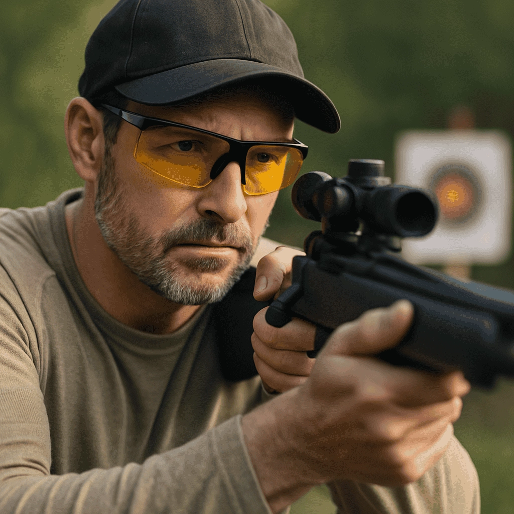 A middle-aged man wearing yellow-tinted protective shooting glasses aims a scoped rifle at a paper target on an outdoor range.