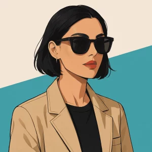 A digital illustration of a confident young woman with light skin, wearing black acetate-framed sunglasses, a beige jacket, and a black shirt. She has a sleek bob hairstyle, subtle coral lipstick, and a minimalist background with a bold turquoise accent.