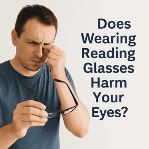 A concerned man in his 30s, wearing a blue t-shirt, holds a pair of reading glasses in one hand while rubbing his eye with the other. Beside him, bold text reads, "Does Wearing Reading Glasses Harm Your Eyes?" against a neutral background.