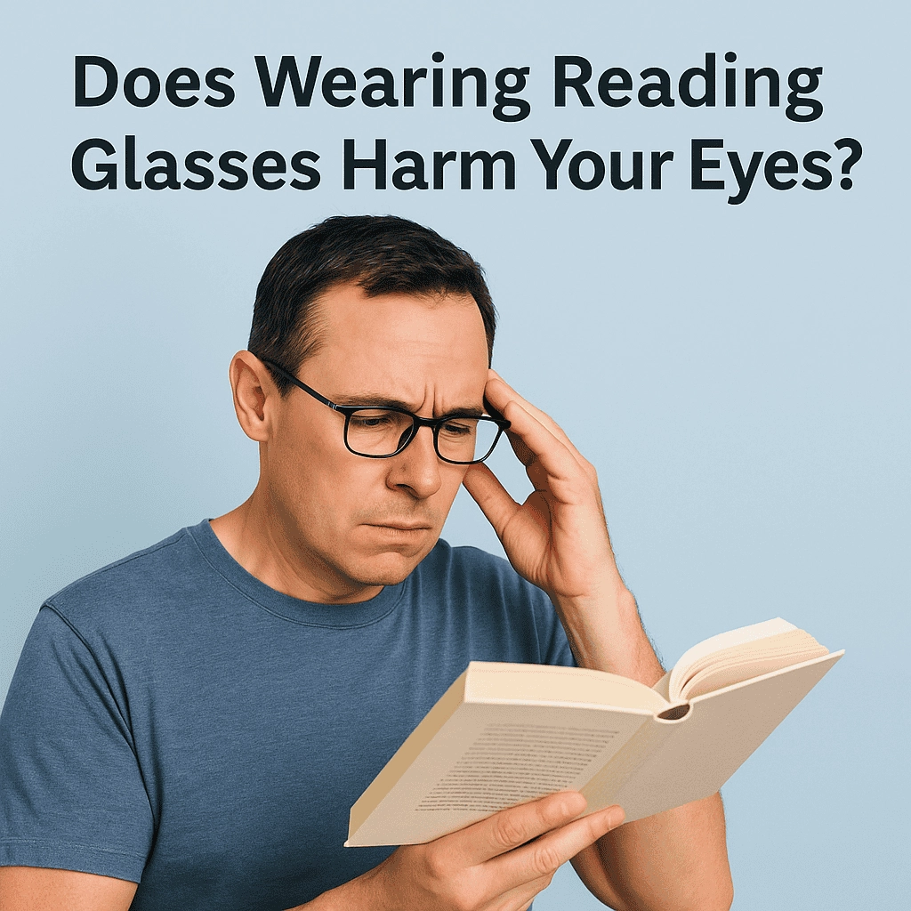A middle-aged man wearing black reading glasses looks closely at a book with a slightly strained expression, gently touching his temple. He is dressed in a blue t-shirt and positioned against a light blue background. The text above him reads: "Does Wearing Reading Glasses Harm Your Eyes?"