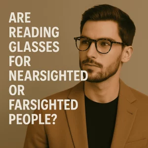 A stylish young man with short dark hair and a neatly groomed beard wears tortoiseshell reading glasses, a camel blazer, and a black shirt. He looks thoughtfully to the side against a soft beige background. Bold off-white text on the left side of the image reads: “Are Reading Glasses for Nearsighted or Farsighted People?”