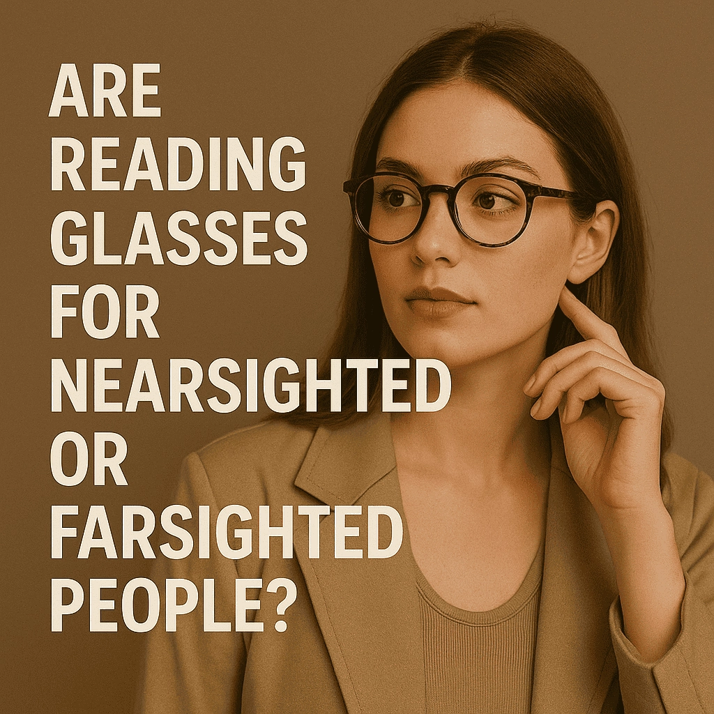 A stylish young woman with long brown hair wears round tortoiseshell reading glasses and a neutral-toned outfit, including a beige blazer over a taupe top. She looks thoughtfully to the left with one hand resting near her chin. The background is a warm brown tone, and bold cream-colored text on the left reads: “Are Reading Glasses for Nearsighted or Farsighted People?”