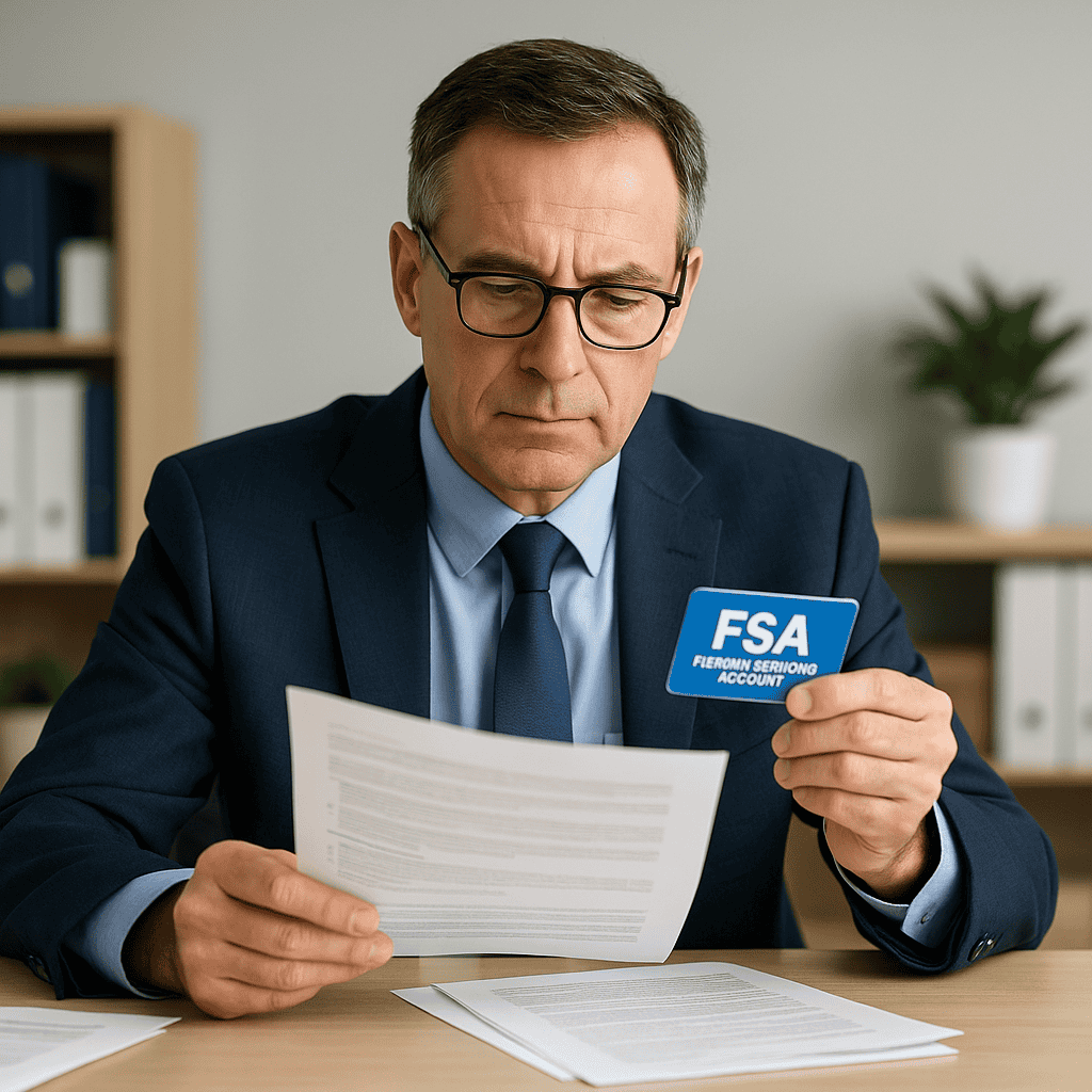 A middle-aged professional man wearing reading glasses sits at a modern office desk, holding an FSA card in one hand while closely reviewing a printed document with the other.