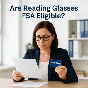 A professional woman wearing reading glasses sits at a tidy office desk, holding an FSA card in one hand while carefully reviewing a printed document with the other, with a minimalist workspace in soft focus behind her.