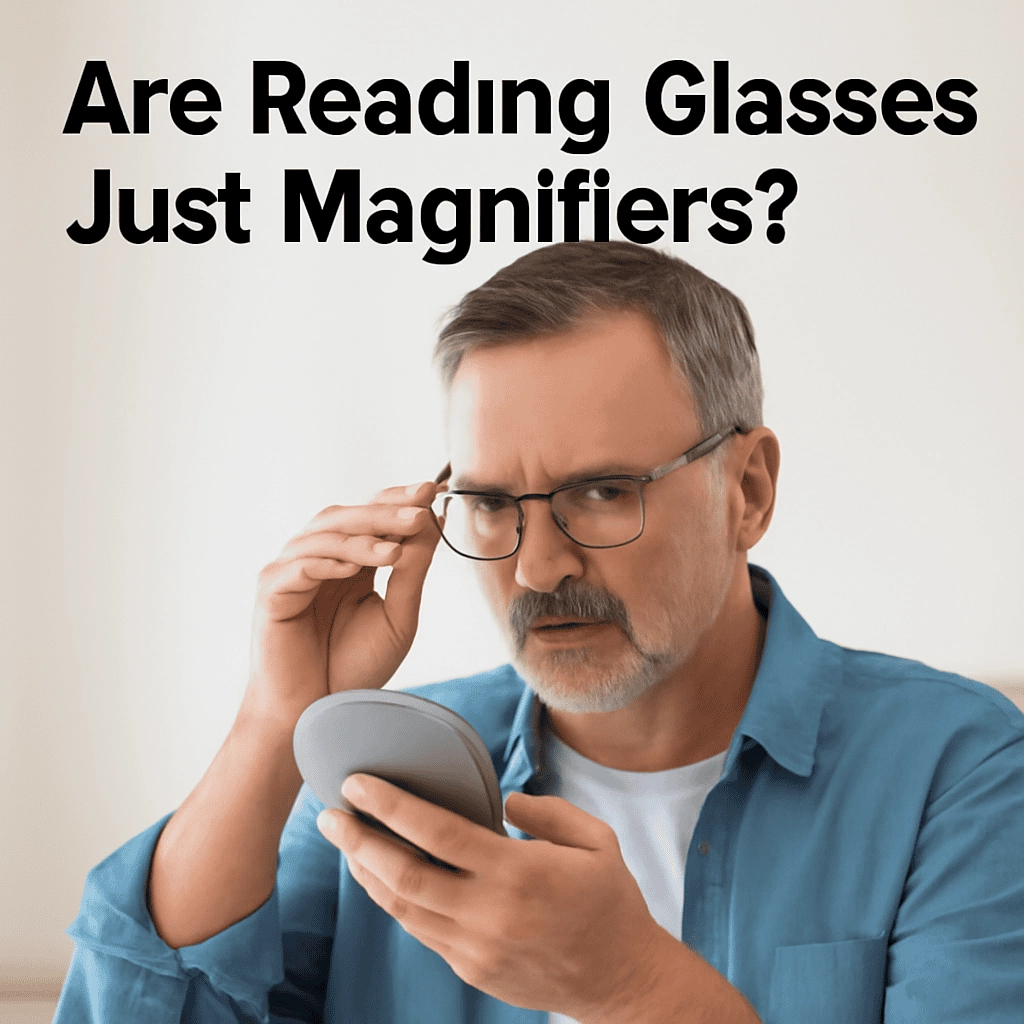 The image shows a middle-aged Caucasian man with salt-and-pepper hair and a trimmed beard, adjusting his glasses while looking at a reading glasses case. He is dressed in a casual denim shirt, and the bold text "Are Reading Glasses Just Magnifiers?" appears above him. His expression shows concentration as he focuses on adjusting his glasses.