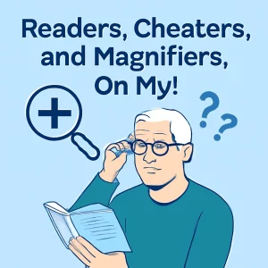 The image shows a middle-aged man with white hair, wearing reading glasses, holding a book while adjusting his glasses. He stands against a light blue background with a magnifying glass and two question marks above him, symbolizing curiosity. The title "Readers, Cheaters, and Magnifiers, Oh My!" is displayed above him in bold, dark blue text.