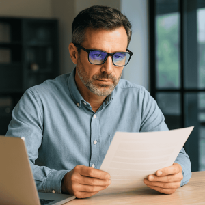 A middle-aged man with light stubble and neatly combed salt-and-pepper hair sits at a light wood desk in a bright, minimalist office. He wears dark-rimmed blue-light-blocking reading glasses that reflect a subtle blue tint and focuses intently on a document in his hands. A sleek laptop rests beside him and soft natural light streams through a large window behind him.