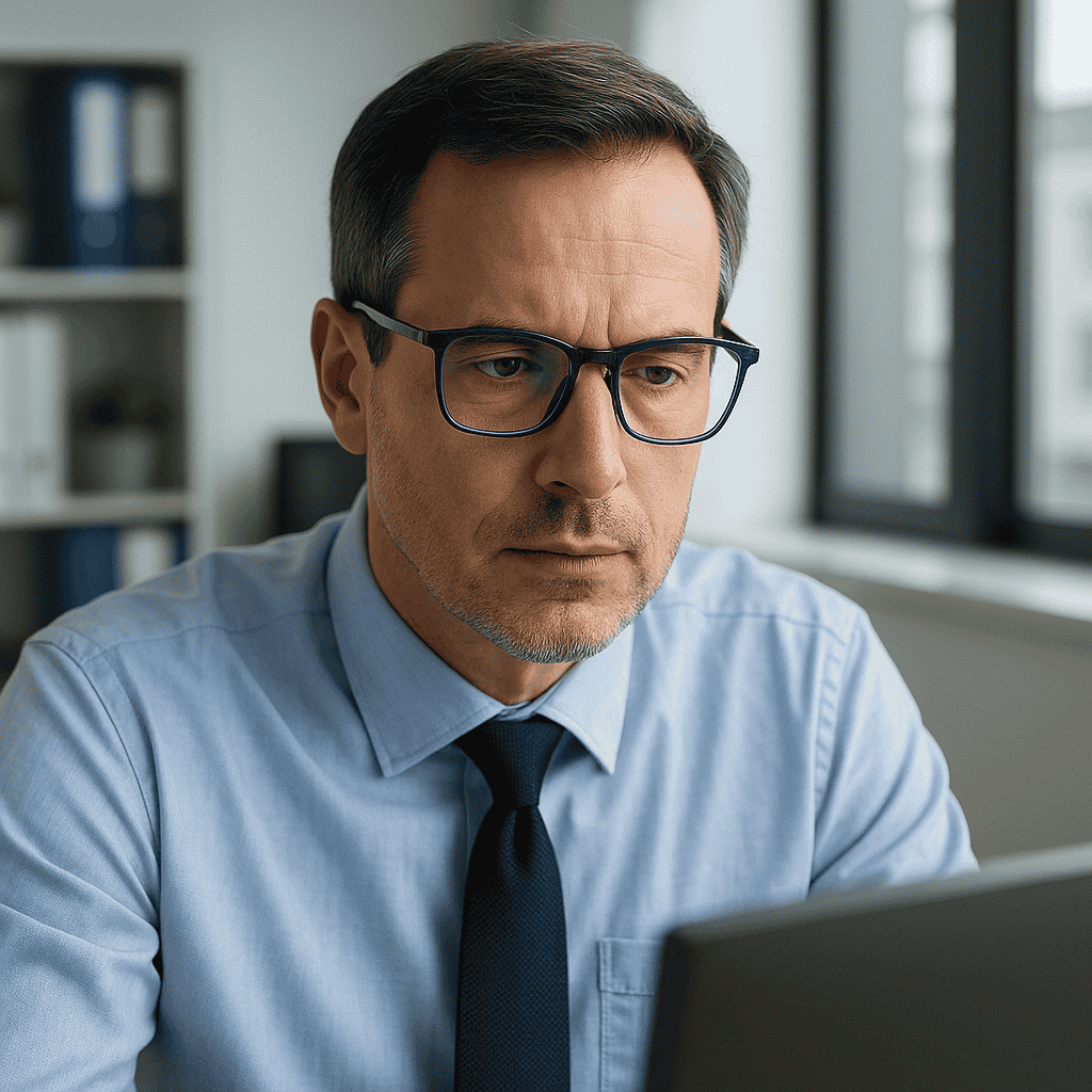 A professional man seated at his desk wearing blue light–blocking reading glasses. His glasses subtly reflect a blue tint. He focuses on his laptop screen in a bright, modern office with minimalist décor and soft natural light.