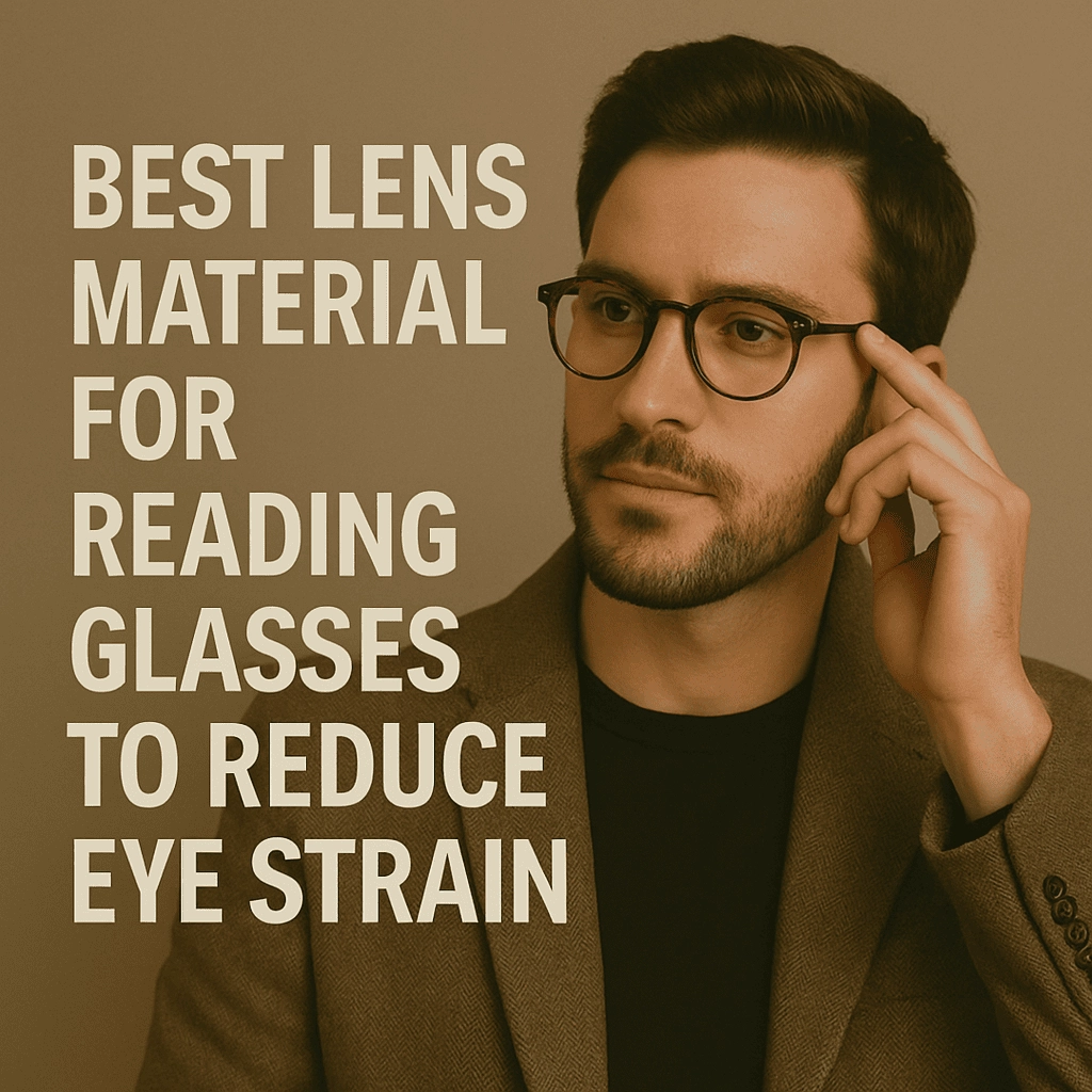 A stylish young man with short dark hair and a neatly trimmed beard wears tortoiseshell reading glasses and a brown blazer over a black shirt. He gently touches the side of his glasses while looking slightly to the side with a thoughtful expression. Bold white text on the left reads: “Best Lens Material for Reading Glasses to Reduce Eye Strain.” The background is a warm beige color.