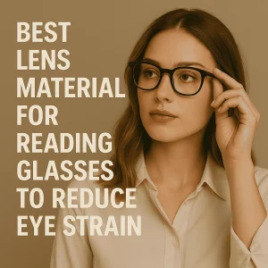 A fashionable young woman with soft brown hair and light skin wears black rectangular reading glasses and a cream-colored blouse. She gently adjusts her glasses with her right hand while gazing confidently to the side. The background is a warm beige tone, and bold white text on the left reads: “Best Lens Material for Reading Glasses to Reduce Eye Strain.”