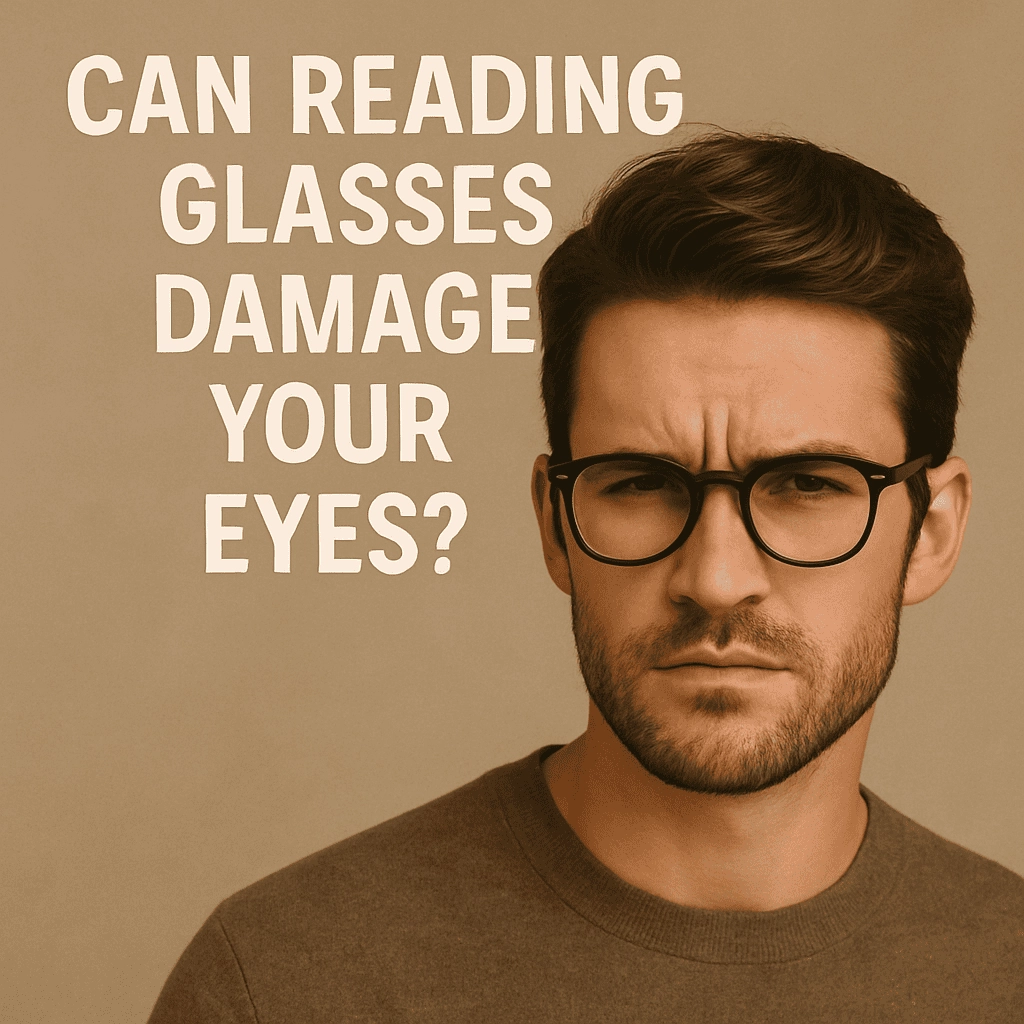 A stylish young man with dark hair, a short beard, and black-framed reading glasses looks directly at the camera with a serious, slightly furrowed expression. He wears a brown crewneck sweater and stands against a soft beige background. Bold white text to his left reads: “Can Reading Glasses Damage Your Eyes?”