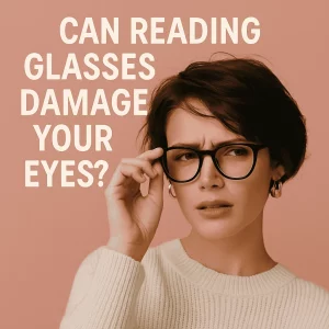 A fashionable young woman with short, dark brown hair wears black reading glasses and a cream knit sweater. She has a slightly puzzled expression as she adjusts her glasses with one hand. Gold hoop earrings add to her stylish look. The background is a soft peachy-pink color, and bold white text on the left reads: “Can Reading Glasses Damage Your Eyes?”