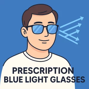 A digital illustration of a young Caucasian man with fair skin, wearing prescription blue light glasses. He has neatly combed hair, a subtle smile, and blue-tinted glasses. The background is solid blue, with the text 'PRESCRIPTION BLUE LIGHT GLASSES' in bold, navy letters beneath him, framed by a clean, modern design.