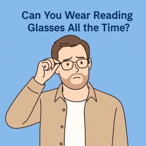 A middle-aged man with short brown hair and a beard is shown adjusting his rectangular reading glasses with a slightly confused expression. He is wearing a beige button-up shirt over a white t-shirt. The background is light blue, and above his head is the text: "Can You Wear Reading Glasses All the Time?"