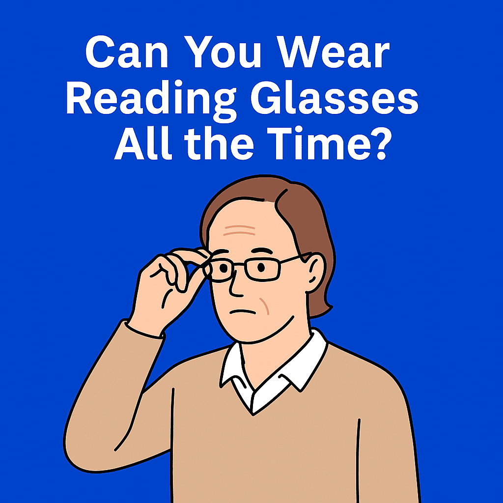 Illustration of a middle-aged man wearing rectangular reading glasses and adjusting them with his hand, looking thoughtful, with the text “Can You Wear Reading Glasses All the Time?” on a blue background.