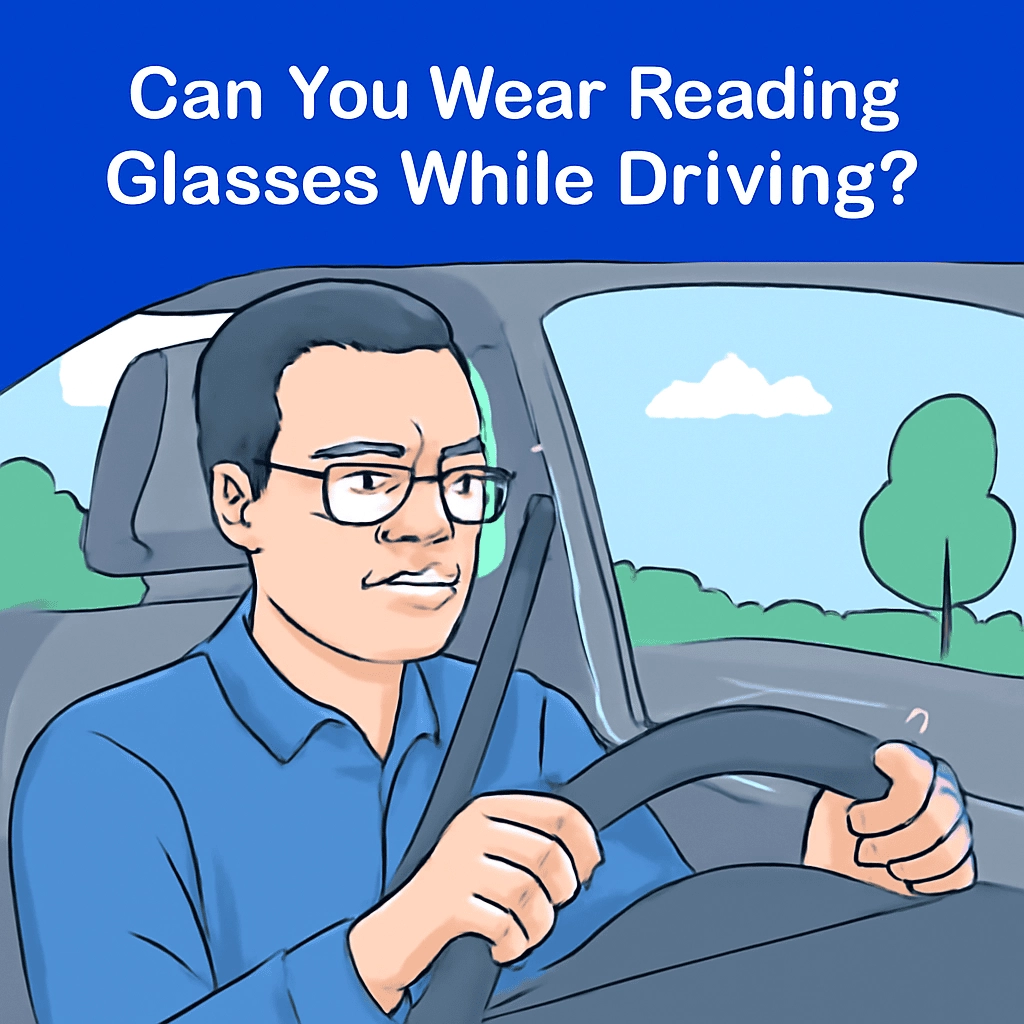 The image shows a middle-aged man with fair skin and short dark hair, wearing reading glasses as he drives. He is seated behind the wheel of a car, holding the steering wheel, with a calm road and greenery visible outside the window. The bold white text at the top asks, "Can You Wear Reading Glasses While Driving?"