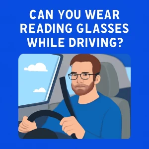A digital illustration of a man in his 30s or 40s with short brown hair and a neatly groomed beard, sitting in a car while wearing reading glasses. He is focused on the road ahead, gripping the steering wheel with a clear sky and two fluffy clouds visible through the side window. The bold text above reads: "CAN YOU WEAR READING GLASSES WHILE DRIVING?"