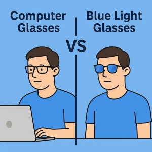 A digital illustration comparing computer glasses and blue light glasses. The image features a person wearing computer glasses on one side and blue light glasses on the other, highlighting the differences in lens design and functionality. The visual representation is clear and engaging, providing a simple comparison for viewers.