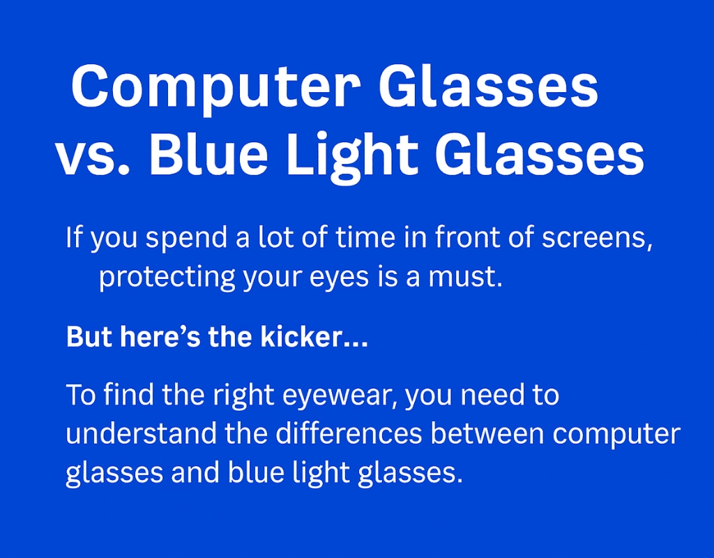 A digital illustration representing the introduction to an article comparing computer glasses and blue light glasses. The image features a person using a computer with visual elements highlighting the differences between computer glasses and blue light glasses. It visually emphasizes the topic of eye protection and comfort during prolonged screen use.