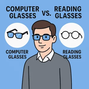 A side-by-side cartoon illustration of a man wearing two types of glasses. On the left, labeled "Computer Glasses," he wears blue-tinted rectangular frames; on the right, labeled "Reading Glasses," he wears round black frames. Each style is accompanied by a matching icon and set against a light blue background.